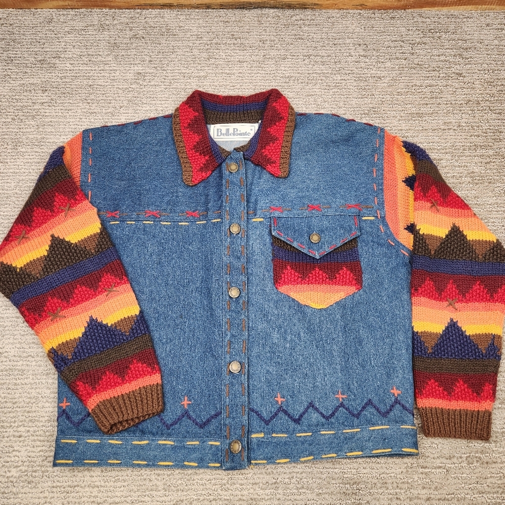 Vintage Denim & Wool Jacket Womens Small Colorful Artsy Boho Button Crochet